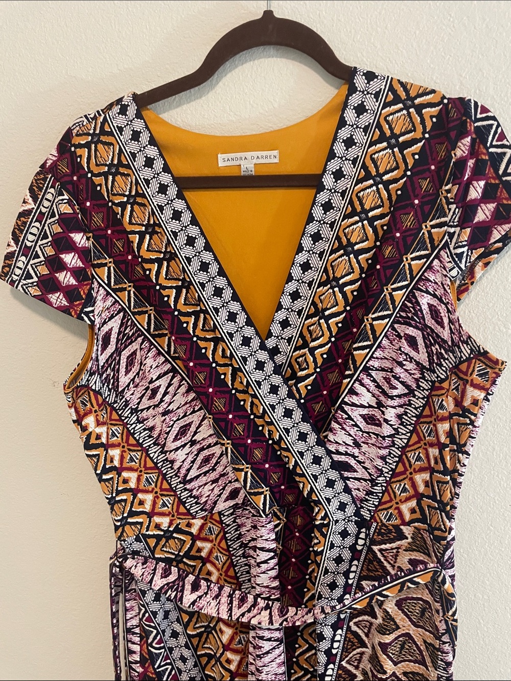 Sandra Darren Multicolor Geometric Wrap Tunic in Mustard, Burgundy and Black